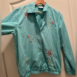 Alfred Dunner Aqua Floral Embroidered Bomber Jacket